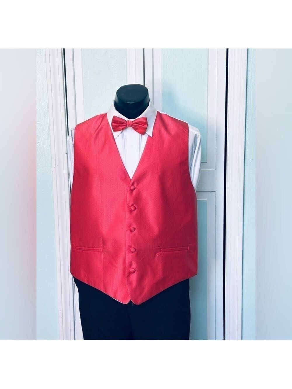 Watermelon Pink Herringbone Closed Back Vest Wedding Prom Men’s L Large bow tie